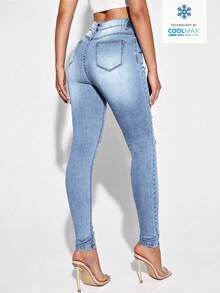 EMERY ROSE بنطلون جينز ضيق كاجوال بجيوب مائلة مشوه باللون الأحادي - الأزرق - مشاهدة 3