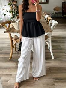 Weeklong Plus Size Women Black Summer Smart Casual Everyday Vacation Outfit Sets,Spaghetti Strap Square Neck Contrast Stripe Ruffle Hem 2 Pieces Wide Leg Pants - Black and White - View 3