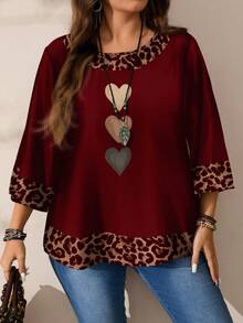 Mellowie Plus Size Women Casual All-Over Print Round Neck Loose 3/4 Sleeve Shirt, Autumn/Winter