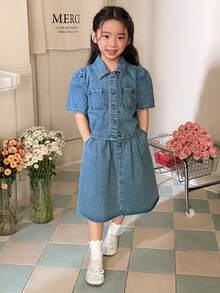 DAZY Young Girl Casual Denim Set: Puff Sleeve Button-Up Shirt And Mini Skirt
