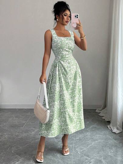 Rafferiza Women's French Style Vacation Blue Floral Print Ruffle Sleeveless Dress