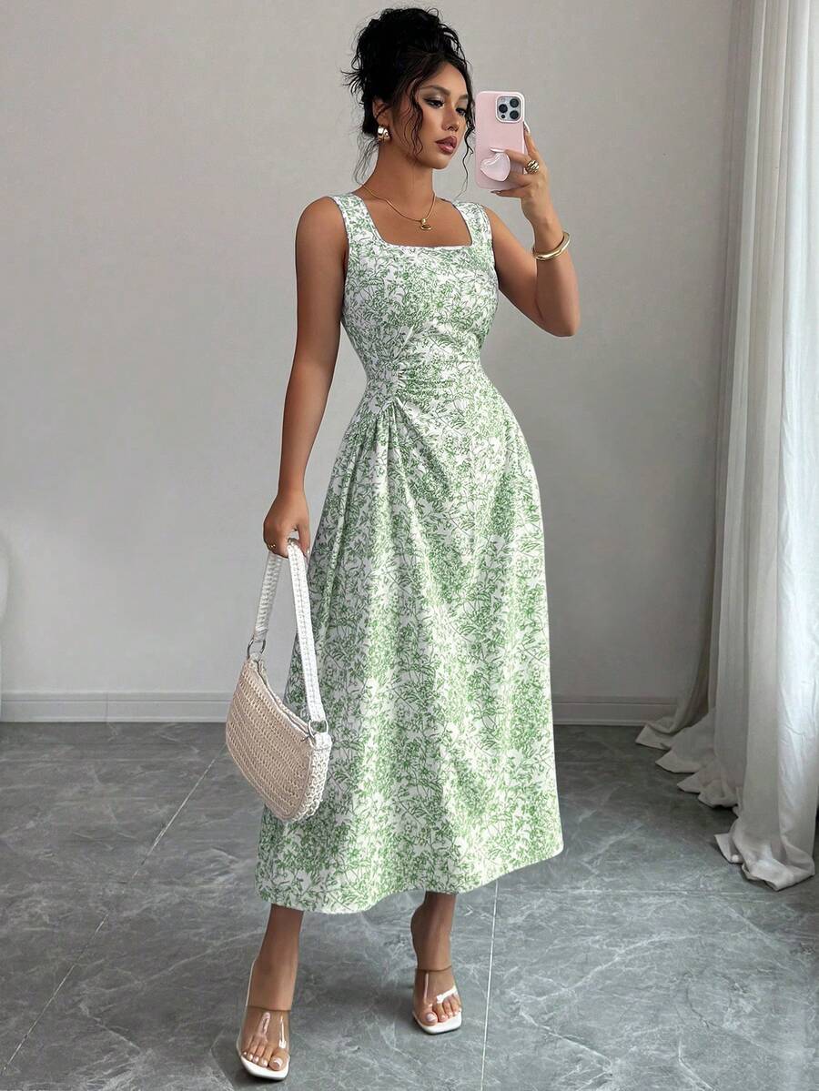 Rafferiza Đầm không tay xếp nếp họa tiết hoa màu xanh dương kiểu Pháp dành cho nữ, thích hợp cho kỳ nghỉ. - xanh xám - Xem 1