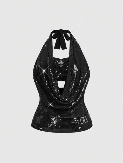 ROMWE J-Fashion Plus Size Women's Fashion Sequin Cross Pendant Decor Twist Knot Draped Neck Top, Suitable For Street, Club, Party