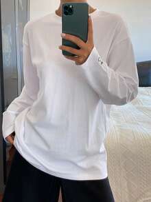 DAZY Women's Loose Fit Round Neck Long Sleeve Casual Sports T-Shirt With Graphic & Letter Embroidery, Spring/Autumn - White - View 3