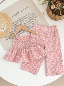SHEIN LMoss Kids Babygirl Cute Ditsy Floral Camisole Top And Elastic Waist Pants Set, Summer - Pink - View 2