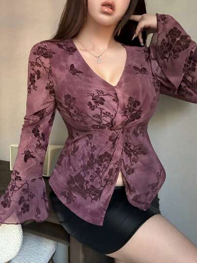 Dazy Plus Plus Size Women's Fashionable Elegant V-Neck Twist Front Long Sleeve T-Shirt