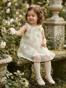 SHEIN Vintaside Kids 女婴无袖刺绣花卉连衣裙，甜美风格，优雅公主造型，适合节日和聚会 - 金色 - 查看 7