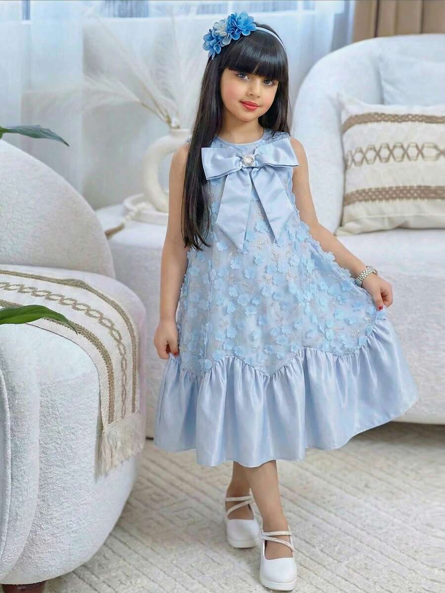 SHEIN Young Girl Elegant Mandarin Collar Sleeveless A-Line Dress - Blue - View 1