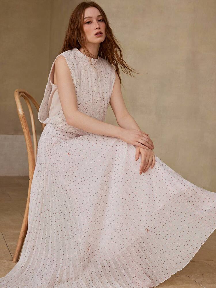 WOMEN'S LONG A-LINE DRESS WITH PLEATED POLKA DOT PRINT, SPRING/SUMMER