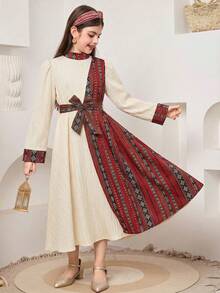 SHEIN Girls Long Sleeve Stand Collar Flared Geometric Abaya Dress In Polyester For Special Occasions - Multicolor - View 2