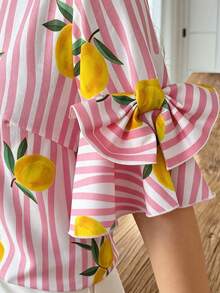 Elouméa Pink Striped & Yellow Lemon Print Round Neck Bow Decor Sleeve Blouse, Spring/Summer Holiday - Multicolor - View 4