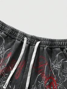 ROMWE MEN Goth Quần short nam phong cách thường ngày mùa xuân/hè họa tiết bông tuyết và gai tối màu kiểu Anh. - màu đen - Xem 3