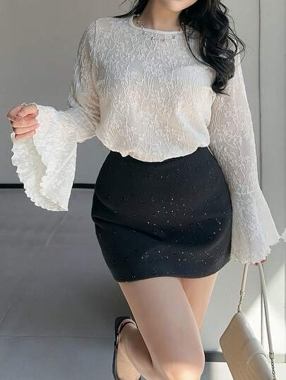 Dazy Plus Plus Size Women Jacquard Round Neck Flare Sleeve Elegant T-Shirt Going Out Tops Women