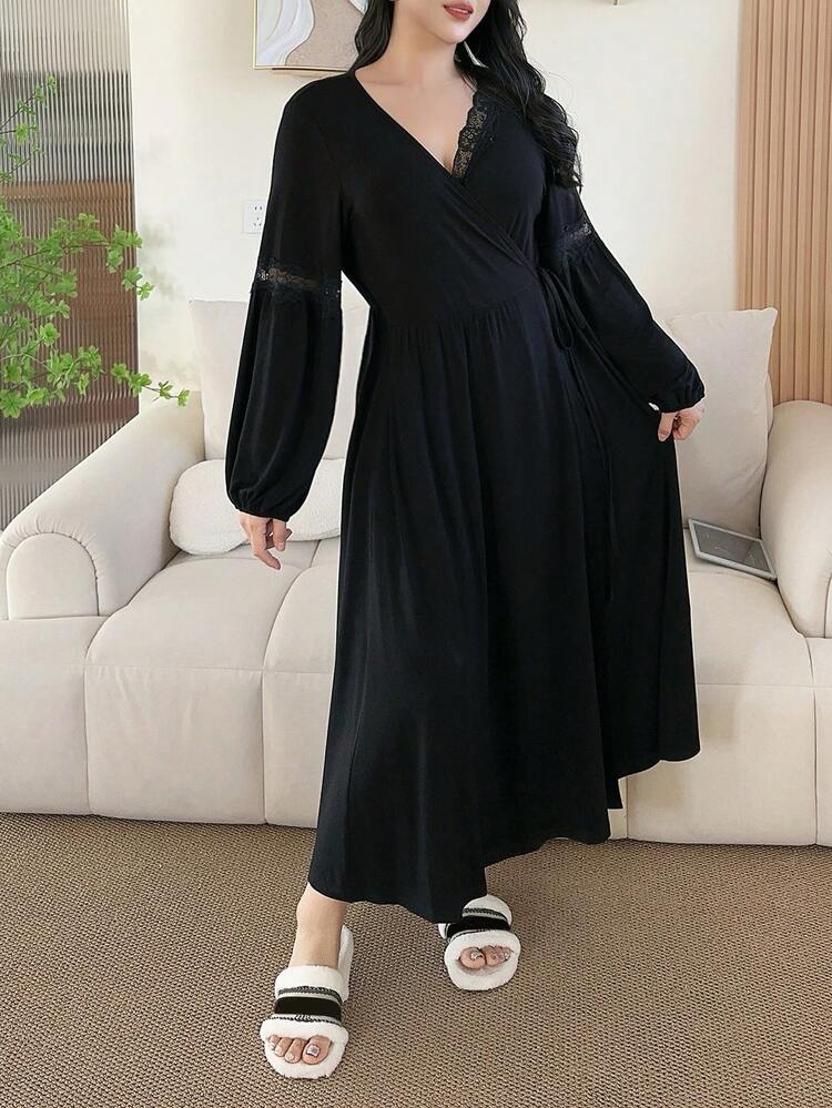 Dazy Plus Plus Size Cross-Wrap Lantern Sleeve Lace Trim Long Robe