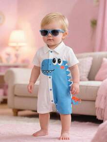 SHEIN Cute Cartoon Dinosaur Pattern Lapel Short Sleeve Romper Shorts, Casual & Versatile For Baby Boys & Girls, Spring/Summer - Blue and White - View 8