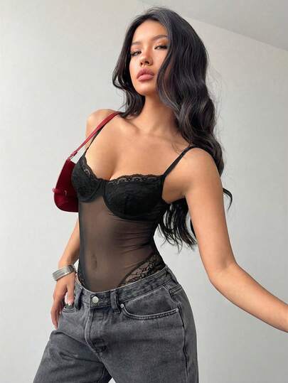 Aloruh Women's Sexy Sheer Mesh & Contrast Lace Sleeveless Bodysuit, Summer