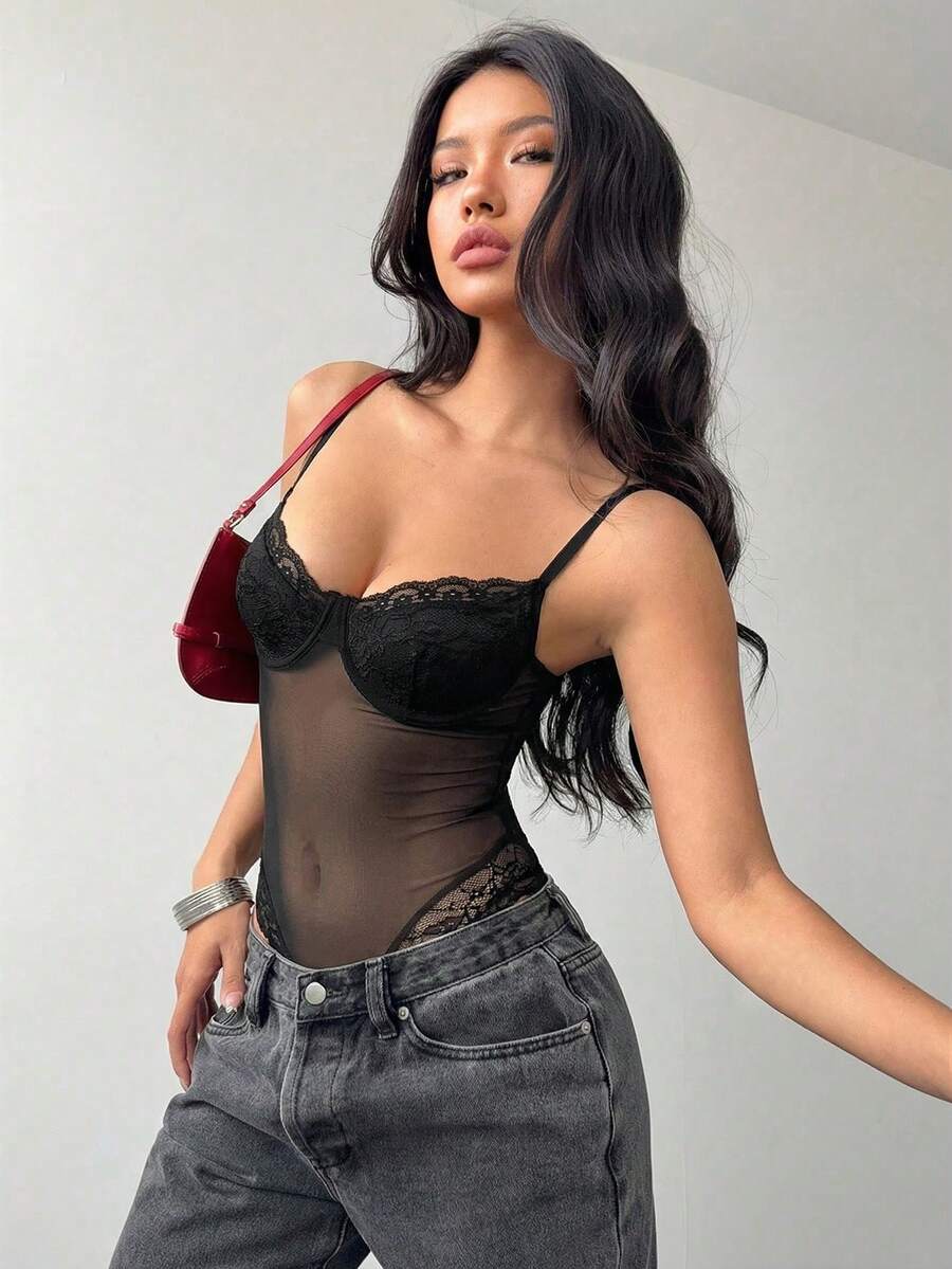 Aloruh Women's Sexy Sheer Mesh & Contrast Lace Sleeveless Bodysuit, Summer - Black - View 1