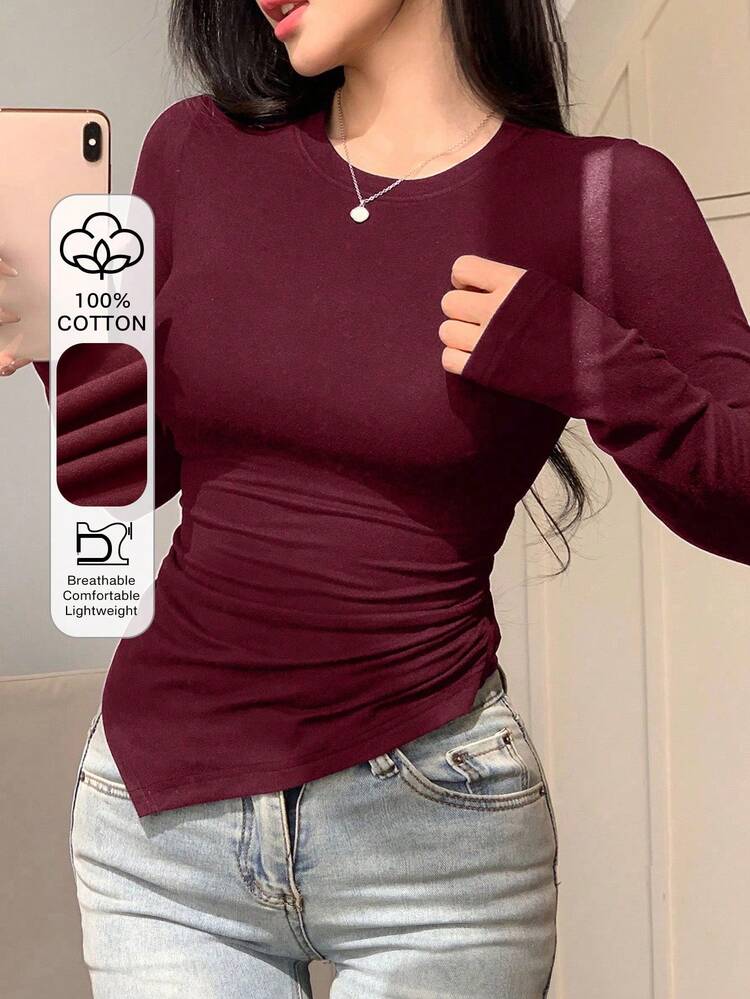 Women's Fitted Crew Neck Long Sleeve Asymmetrical Hem Cotton T-Shirt