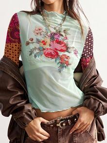 Bohemela 女士印花撞色立领长袖上衣