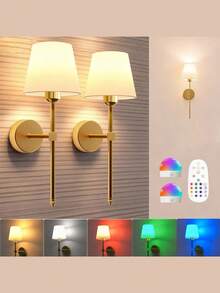 Wireless Battery Powered Wall Lamp, Gold Rechargeable Dimmable Wall Light With Detachable Bulb And Remote Control, 15 Colors Wireless Wall Lamp For Bedroom, Living Room, Hallway - 1Pack - View 3