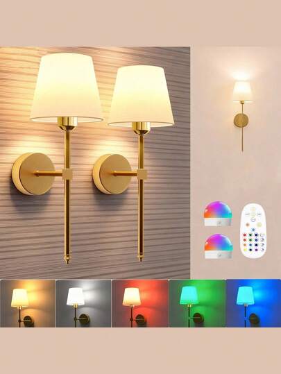 无线电池供电壁灯，金色可充电可调光壁灯，带可拆卸灯泡和遥控器，15种颜色可选，适用于卧室、客厅、走廊