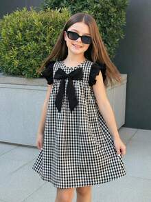 SHEIN Tween Girl Plaid Bow Accent Cap Sleeve A-Line Dress - Black and White - View 2