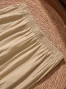 Rusticease 大码女式早春休闲度假蕾丝拼接纯色卡其色七分裤，带口袋 - 卡其色 - 查看 5