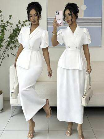 Rafferiza 女士优雅纯色套装，春夏通勤短袖西装外套+中长裙两件套，OL职场面试约会装，法式修身高端套装，毕业舞会，衬衫，女士毕业，优雅，时尚，通勤，商务，办公室，日常，百搭，都市优雅，教师