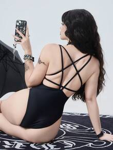 ROMWE Bộ đồ bơi liền thân 2026SS Dark Gothic Bizarre Punk Sexy Mysterious dành cho nữ, thiết kế thời trang tiên phong độc đáo với họa tiết ngôi sao năm cánh, dây đeo vai hở lưng, màu đen, ôm sát, hàng mới về mùa xuân/hè 2026 dành cho nữ, thích hợp cho năm mới, ngày Valentine, mùa tựu trường, mùa du lịch, đi nghỉ mát, đi biển, dã ngoại trà chiều, tiệc tùng, mặc hàng ngày, thường ngày, thể thao ngoài trời, trang phục thời trang. - màu đen - Xem 6