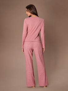 Lazeform Women's Casual Round Neck Half-Button Long Sleeve Loose Waist Pants Pajama Set - Rusty Rose - View 2