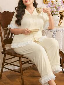 Côtesoire Plus Size Elegant Lace Contrast Color Cardigan Pajama Set - Apricot - View 4