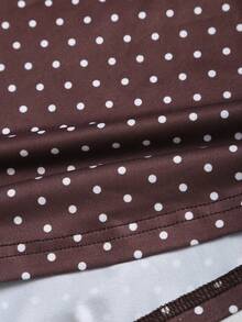 Sweetra Retro American Polka Dot Square Collar Bow Lace Patchwork Slim Fit Women Summer T-Shirt - Coffee Brown - View 5