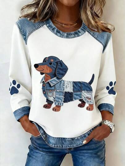 EMERY ROSE Camiseta de manga larga con cuello redondo y estampado de perrito casual de mezclilla para mujer