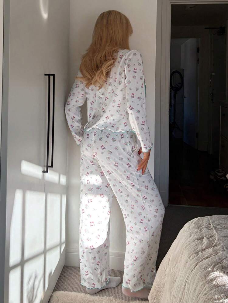 3pcs/Set Contrast Color Lace Trim Cute Floral Rabbit Print Women Pajama Set