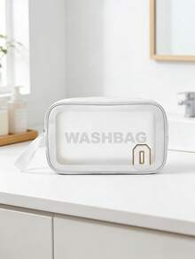 1PC Transparent Letter Toiletry Bag,Fashionable New Square Solid Color Makeup Bag With Embroidery Letters Summer Travel, Vacation Home Bathroom Decor Holiday Makeup Organizer Bathroom - White - View 6