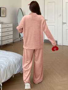 DAZY 2 Stücke/Set Plüschbär Muster bestickte Dekoration Damen Pyjama Set, Winter - Pink - Übersicht 2