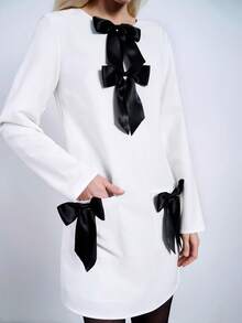 Maija 女士浪漫优雅撞色蝴蝶结装饰长袖迷你连衣裙，派对/生日装扮，情人节，节日 - 白色 - 查看 2