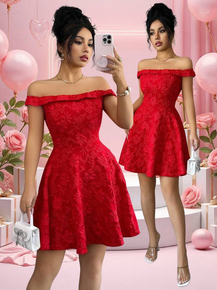 Rafferiza Đầm nữ trễ vai, chất liệu vải có họa tiết, dáng chữ A, đa năng, thích hợp đi làm, dự tiệc, hẹn hò, thanh lịch, dành cho quý cô trẻ trung. - Đỏ - Xem 1