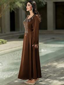 Layrah Coffee Brown Satin Handmade Beaded Embellished Arabic Style Maxi Dress