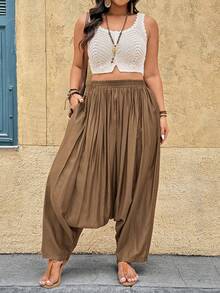 Breezaya 大码女式梭织休闲宽松长裤，右侧带口袋，棕色 - 棕色 - 查看 5