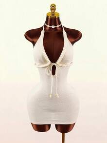 Amplova Women's Textured Front Tie Deep V Sexy Halter Mini Dress Hemp Rope Cutout Tie Bow Deep V-Neck Shell Jacquard Sleeveless Halter Neck Tie Mini Tight Backless Dress - Camel - View 4