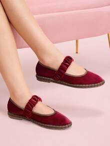 CUCCOO DOLLMOD 女士橙色优雅天鹅绒经典舒适天鹅绒褶皱弹力玛丽珍平底鞋 - 酒紅色 - 查看 6