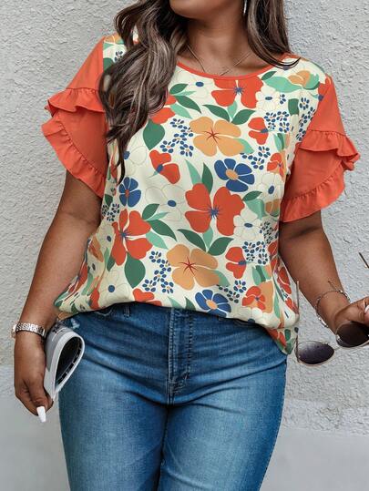 Weeklong Plus Size Women's Floral Print Contrast Trim Flare Sleeve Casual Vacation Shirt, Spring/Summer