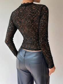 Siren Gaze 女士春季黑色花卉亮片蕾丝圆领长袖透视性感上衣，黑色蕾丝长袖上衣，黑色透视上衣，夏季上衣，春季女装，情人节，女士嘉年华服装，亮片上衣，黑色上衣 - 黑色 - 查看 2