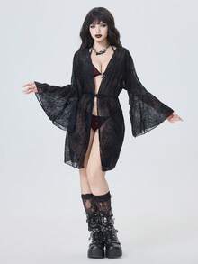 ROMWE Goth 2026 最新款黑色蜘蛛网纹理面料超大袖子，抽绳腰带设计，夏季沙滩泳池派对哥特风女式泳衣罩衫 - 黑色 - 查看 4