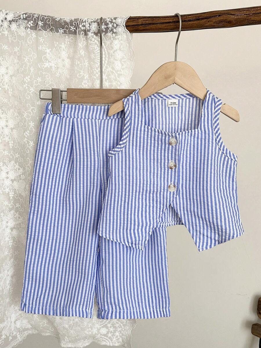 LMoss Kids Baby Girl Casual Striped Camisole And Pants Set, Summer - Blue and White - View 1