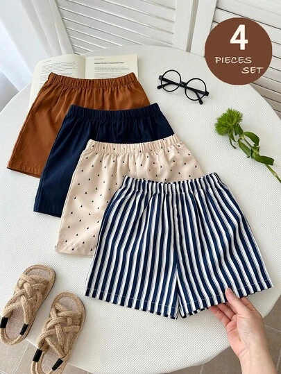 4pcs/Set Baby Boy Colorful Striped Sailboat Print Solid Color Elastic Waist Casual Shorts