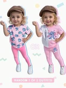 2件套女婴休闲时尚创意个性清新简约可爱卡通兔子爱心撞色标语印花短袖T恤和打底裤套装，舒适日常穿着，适合春、夏、秋季。