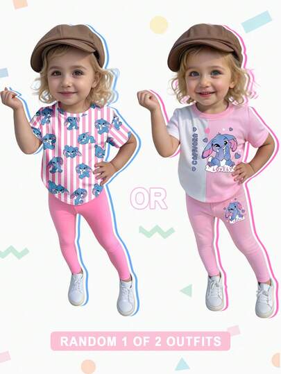 2件套女婴休闲时尚创意个性清新简约可爱卡通兔子爱心撞色标语印花短袖T恤和打底裤套装，舒适日常穿着，适合春、夏、秋季。