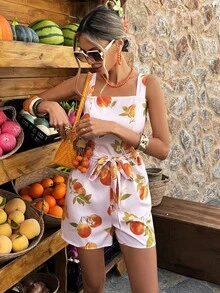 Selianne Áo liền quần hai dây màu hồng nhạt in họa tiết trái cây cam, cỡ tiêu chuẩn, thích hợp cho kỳ nghỉ xuân/hè. - Nhiều màu - Xem 7